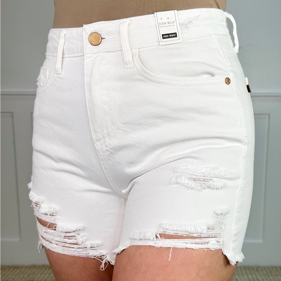 Judy Blue Pants - Judy Blue White Distressed Denim High Waisted Cutoff Shorts Women's M NEW NWT